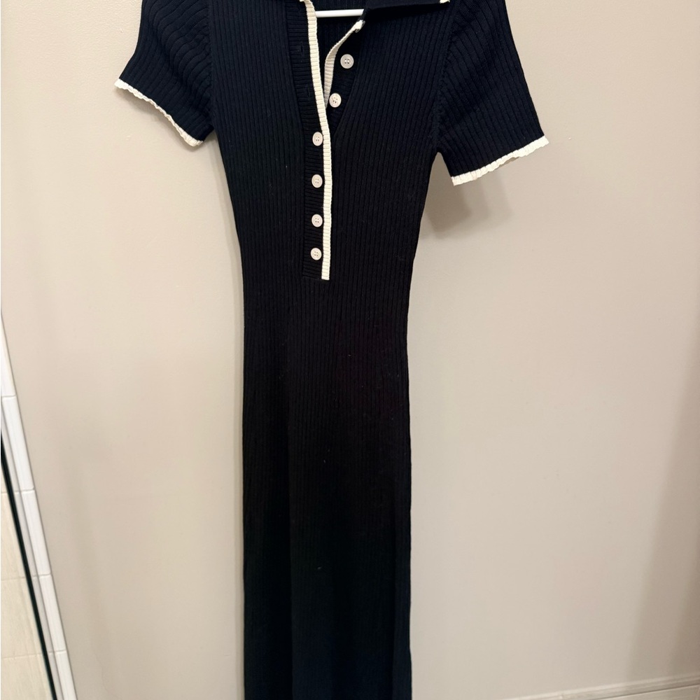 Black Ribbed Knit Collared Button Front Dress - Picture 2 of 5